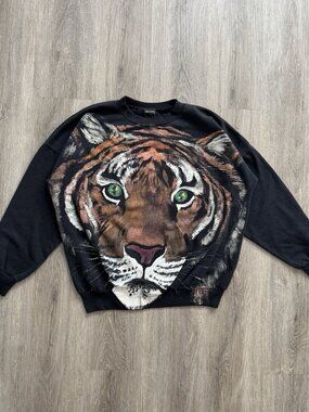 Rare Vintage 80s 90s Big Face Tiger Lion Hand Paint Black Crewneck Sweater XL